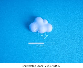 Cloud computing infrastructure technology, data system storage service concept. Upload and download arrows sign on white small cloud with loading bar processing on blue background, minimal style.