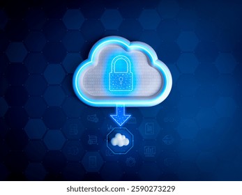 Cloud computing infrastructure technology, data storage, security encryption concept. Digital lock icon with binary code in big cloud migrate to small with information symbols on blue net background.