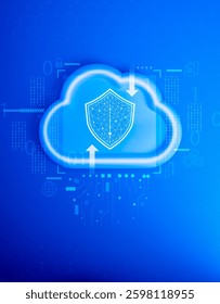 Cloud computing infrastructure technology, data system storage service concept. Digital shiel padlock on cloud with binary code and system tools graphic icons on blue vertical background, minimal.