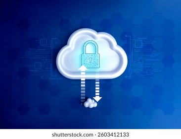 Технология инфраструктуры облачных вычислений, концепция обслуживания систем хранения данных. Значок цифрового замка на белом большом облаке со стрелками передачи на маленьком, с изображением схемы на синем фоне сети.