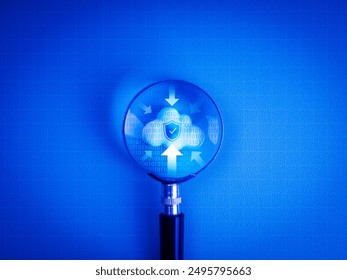 Cloud computing infrastructure technology, security data system storage service concept. Arrows on white small cloud with binary code focus in magnifying glass lens on net grid, blue background.