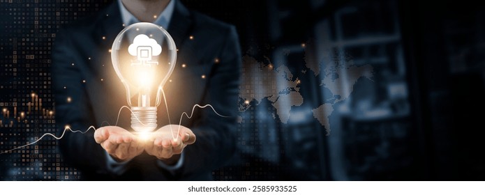 Cloud Computing: Innovation, Connectivity, Efficiency Concept. Hands of businessman holding light bulb and Cloud Computing Icon with data network digital technology. Advancing Cloud Solutions.