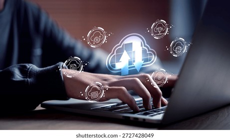 Cloud computing interface with upload and download symbols highlights digital storage solutions, real-time data sync, and smart business technology, operated via laptop for seamless online access.