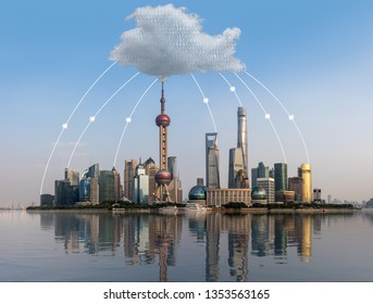 Cloud Computing And Internet Data Concept Using Panoramic View Of Shanghai Skyline