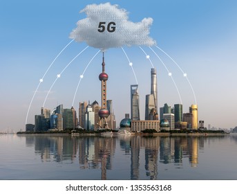 Cloud Computing And Internet Data Concept Using Panoramic View Of Shanghai Skyline