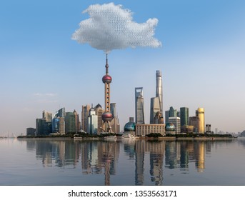 Cloud Computing And Internet Data Concept Using Panoramic View Of Shanghai Skyline