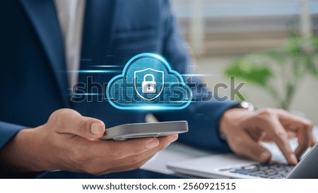 Cloud Computing and Mobile Data Security. Businessman using a smartphone with a secure cloud Encryption, Data Protection, and Online Connectivity for Enhanced Digital Privacy and Mobile Accessibility