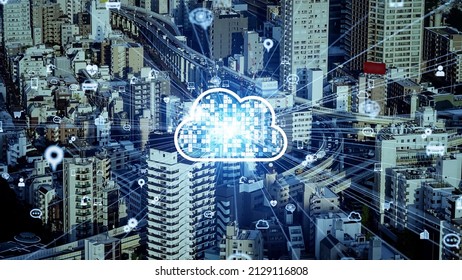 Cloud computing and modern city concept. Software as a Service. SaaS. Communication network.