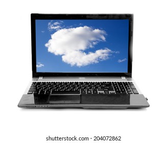Cloud computing network concept. Notebook with cloud isolated on white