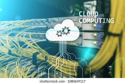 Cloud computing and networking concept on server room background.