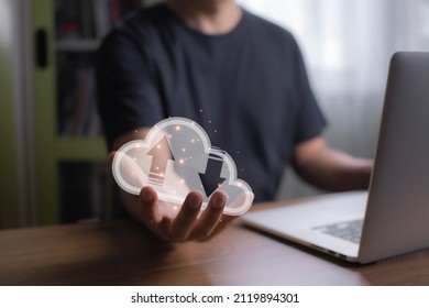 Cloud computing on man hand. Idea concept for the cloud business, big data analytics, data storage, cloud network, data transfer, intelligent technology.