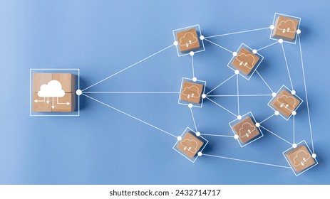 Cloud computing on wooden cubes and connecting the line. Cloud Computing diagram on the new computer interface as a concept.