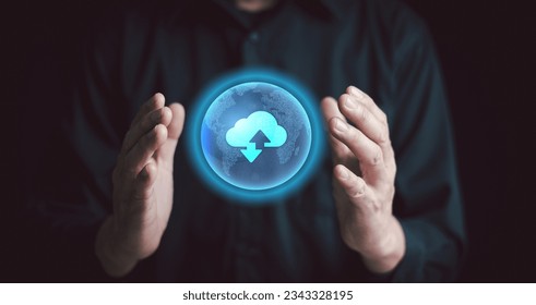 Cloud computing and online storage technology concept. A network of business computers connected to internet server services for cloud transfer, backup, and secure access to data.