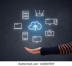 Cloud and computing related icons hovering over young hand 