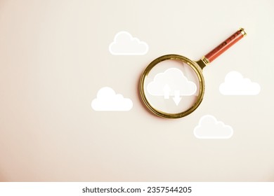 Cloud computing represented by magnifier glass focusing on big data. Downloading and loading information on system network application. Technology and digital solution.