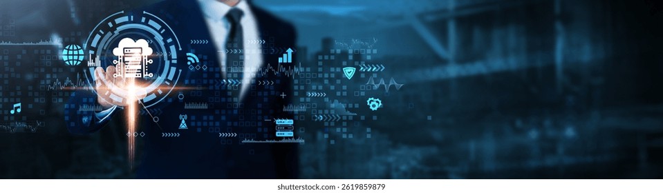 Cloud Computing: Scalability, flexibility, storage, security, data access, virtualization, integration, Businessman analyzes cloud-based technological data.
