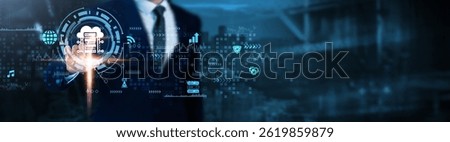 Cloud Computing: Scalability, flexibility, storage, security, data access, virtualization, integration, Businessman analyzes cloud-based technological data.