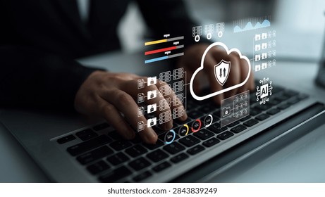 Cloud Computing Security Solutions and Digital Protection in Modern Technology Environment with Cybersecurity Symbol and Data Visualization Techniques Gantry.