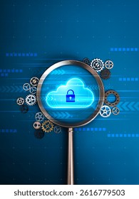Cloud computing security technology, data system storage management service concept. Safety lock icon on white cloud with gears, focus in magnifying glass lens on blue network vertical background.