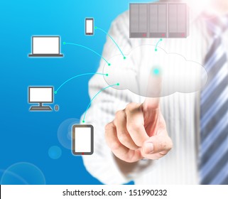 Cloud computing service with a business man and  blue background