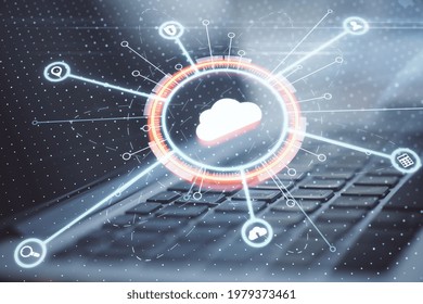 Cloud computing service concept with digital cloud sign with internet service icons on laptop keyboard background. Double exposure