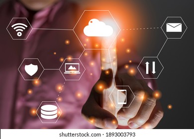 Cloud Computing Service And Support, Technology Information Concept And Data Base, Finger Press Double Exposure Vector Icon, Hi Tech Design