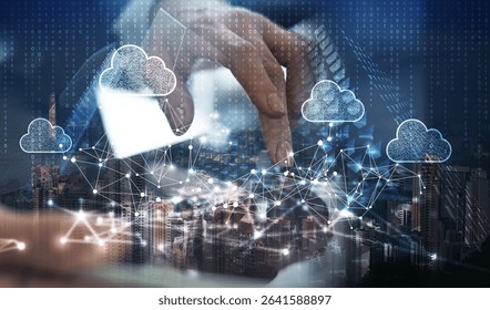 Cloud computing and smart city concept. Cloud technology with global internet network connection, data storage and digital transformation, innovation technology background