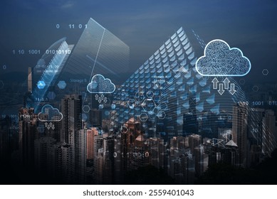 Cloud computing. Software as a Service. SaaS. Smart city with cloud technology, edge computing, data storage for business network, data backup of business intelligence on internet, data storage system