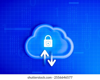 Cloud computing storage, digital data technology protection security concept. Digital padlock icons with upload and download arrows on white cloud, binary code and tech on network, blue background.