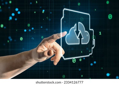Cloud computing, storage and exchange concept with man finger touching virtual screen with digital cloud symbol and arrows directed towards each other on dark technological background with binary code
