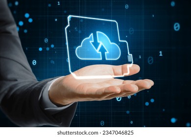 Cloud computing, storage and exchange concept with digital blue cloud symbol and arrows directed towards each other above businessman hand palm on dark technological background with binary code