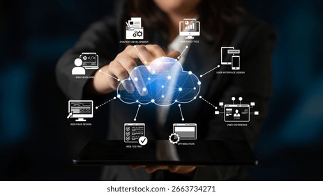 Cloud computing, cloud strategy, and cloud technology transforming digital infrastructure with scalable services, secure data storage, and cloud-based digital business solutions. Spline