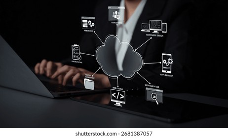 Cloud computing, cloud strategy, and cloud technology transforming digital infrastructure with scalable services, secure data storage, and cloud-based digital business solutions. Muxer