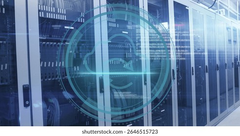 Cloud computing symbol image over server racks in data center. Technology, digital, servers, networking, datacenter, connectivity