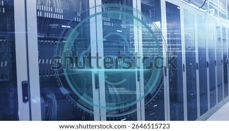 Cloud computing symbol image over server racks in data center. Technology, digital, servers, networking, datacenter, connectivity