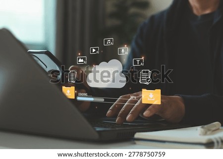 Cloud computing technology and AI data processing concept. Digital file transfer, smart automation, online storage synchronization, artificial intelligence workflow, secure document management.