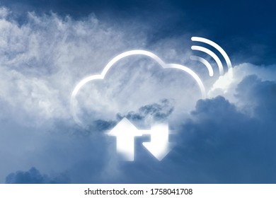 Cloud computing technology combine with white cloud on the sky. Wifi connection and upload download symbol link with cloud.