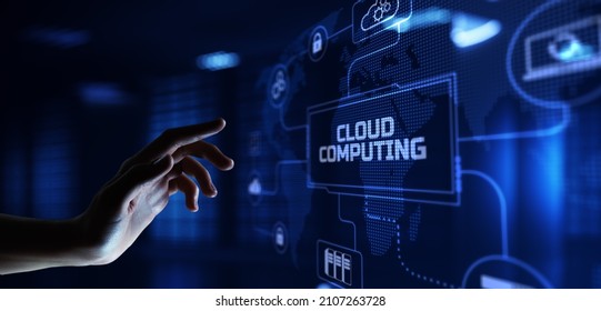 Cloud computing technology concept. Business infrastructure service. Hand pressing button.