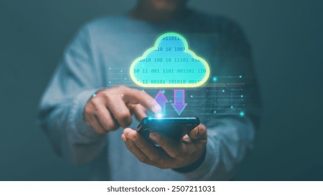 Cloud computing technology concept, Businessman using smartphone for transfer upload and download data to cloud computing network. File sharing. Storage and backup data. Big data on internet network.