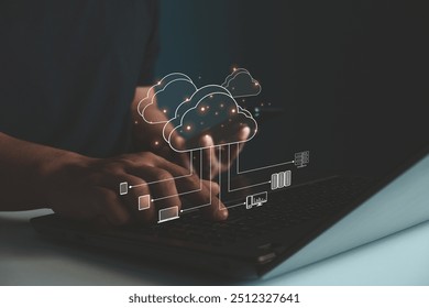 Cloud computing technology concept. Businessman shows cloud storage network technology icon, large network of backup platforms, online data storage for business networks with cyber security software. - Powered by Shutterstock