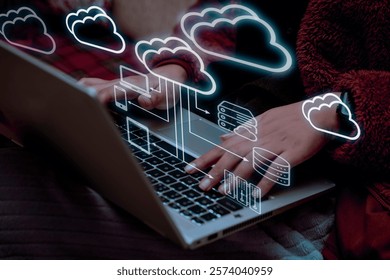 Cloud computing technology concept. Businessman shows cloud storage network technology icon, large network of backup platforms, online data storage for business networks with cyber security software.