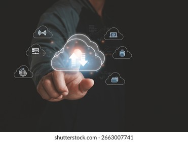 Cloud computing technology concept. Businessman touches glowing cloud icon with upload and download, data storage, digital access, online backup, hybrid infrastructure, secure cloud service solution.