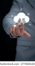 Cloud computing technology concept with businessman using digital interface for data upload download storage synchronization online network system business solution modern technology