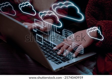 Cloud computing technology concept. Businessman shows cloud storage network technology icon, large network of backup platforms, online data storage for business networks with cyber security software.