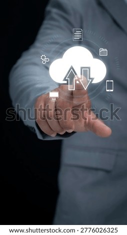 Cloud computing technology concept with businessman using digital interface for data upload download storage synchronization online network system business solution modern technology