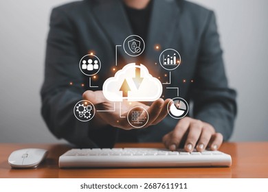 Cloud computing technology concept with glowing data icons showing upload and download process, security, analytics, and teamwork, representing innovation and digital business solutions.