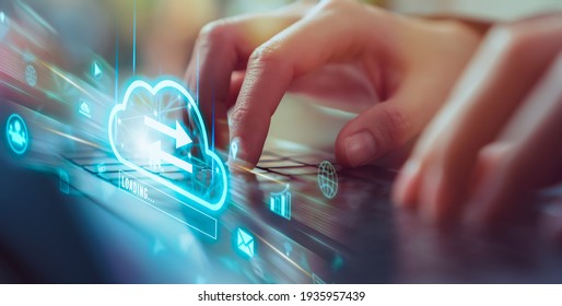 Cloud computing technology concept, Hand using laptop with upload data on internet storage.