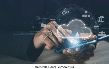Cloud computing technology concept. System global network cloud business data protection exchange through communication. Banking and financial analysis from digital global networking.