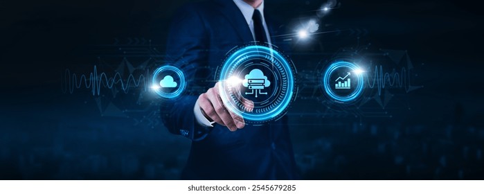 Cloud Computing Technology: Data Security, Businessman Touch of Cloud Computing Icon Data Exchange on Digital Network Connection, Scalability, Cost Efficiency, Global Accessibility. - Powered by Shutterstock