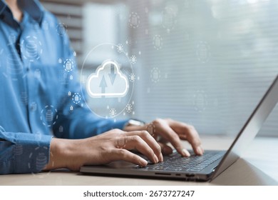 Cloud computing technology. Cloud database connect. Data server storage management. Data cloud concept. Network computer. laptop typing structure firewall ip adress.